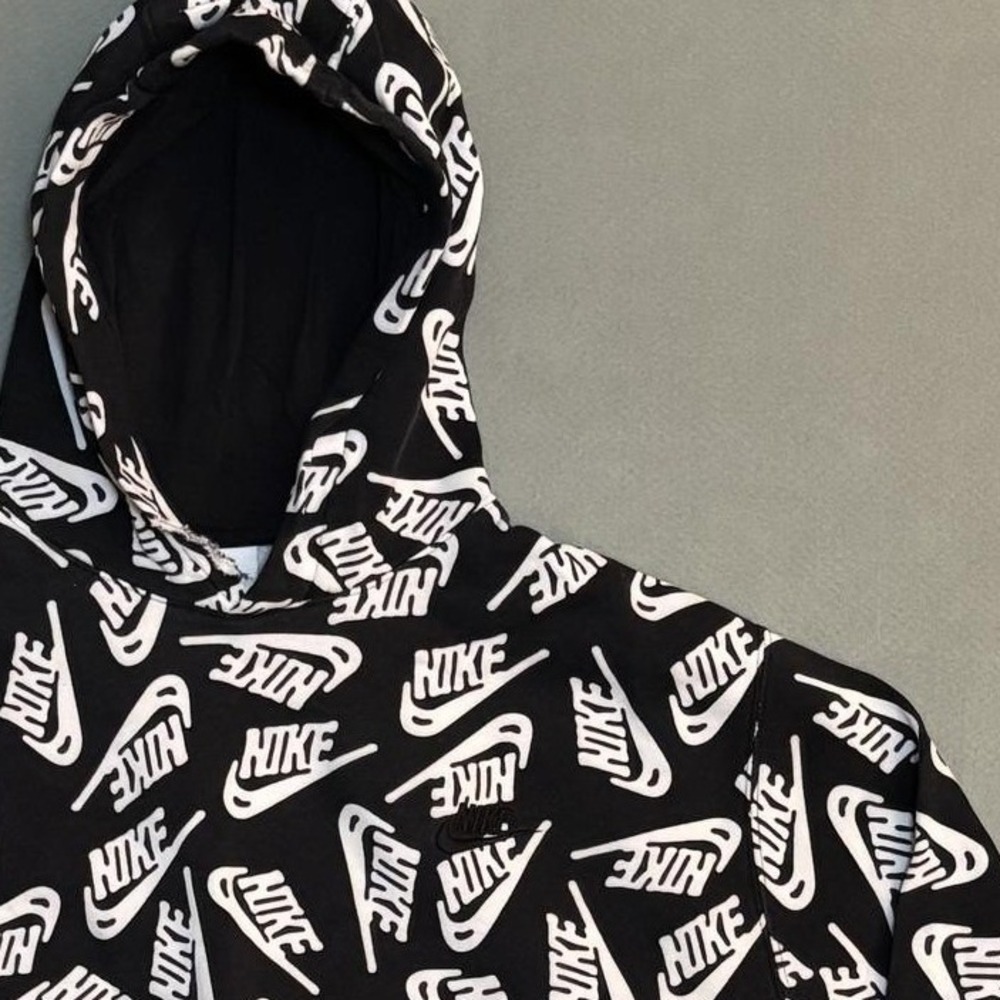 Nike All Over Print Black Logo Hoodie Men's M Sweatshirt  Athletic SEE DESC
